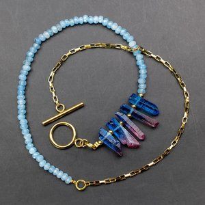 Blue crystal collar necklace, toggle necklace gold box chain